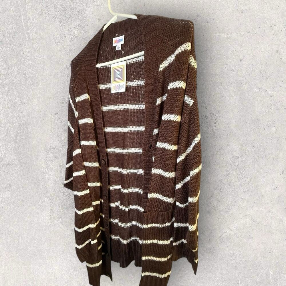 LuLaRoe Cable Knit Lucille Cardigan Sweater Brown And White Stripe Large NWT